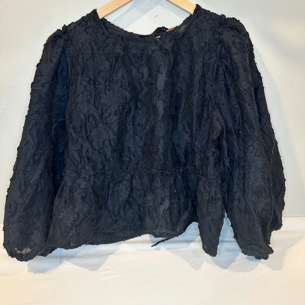 Free People Peplum Blouse Women Large Black Floral Textured Whimsigoth Fairycore